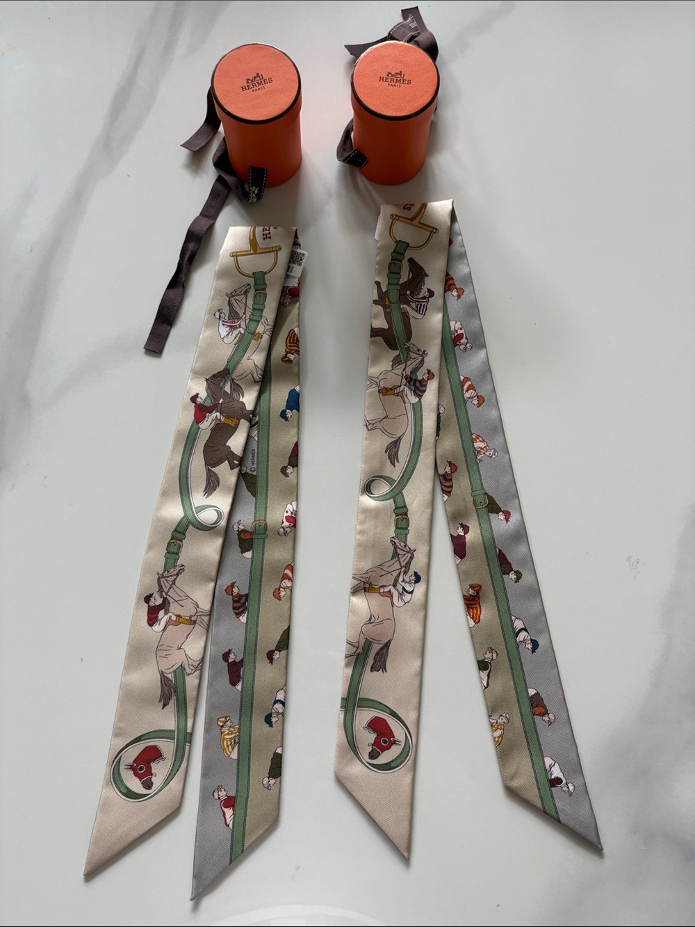 Hermes Beige Green Equestrian Print Twilly Pair